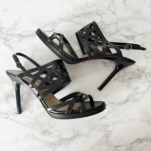 DVF Black Laser Cut Leather Stiletto Heel Open Toe Sandal Women’s Size 10‎